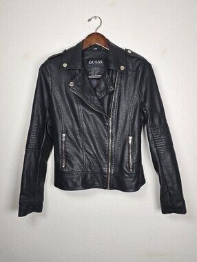 GUESS Asymmetrical Zip Moto Jacket Black Faux Leather Edgy Biker Floral Coat M